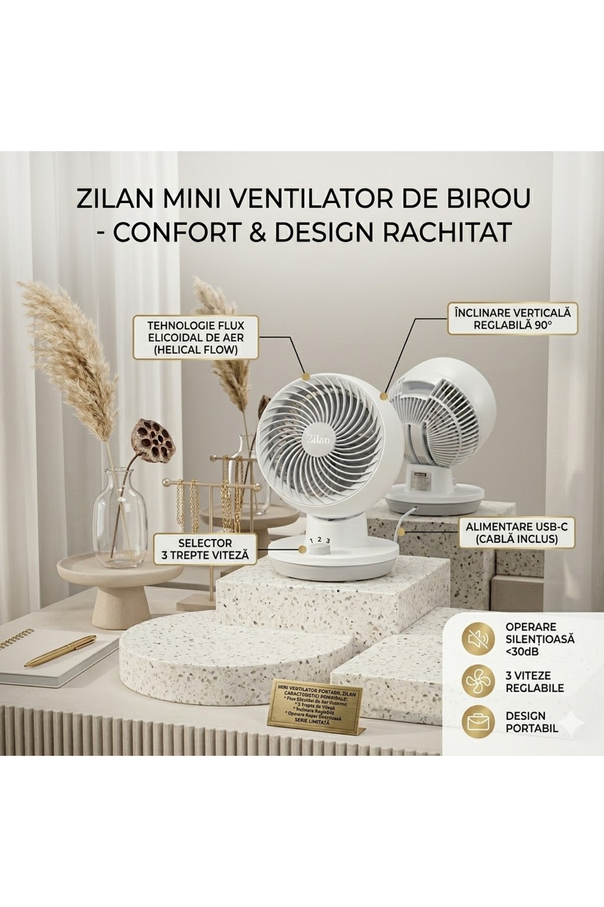 Ventilator de Birou Zilan, Putere 45W, 3 Trepte de Viteză, Oscilație Automată 60°, Înclinare 90°, Silențios, Compact