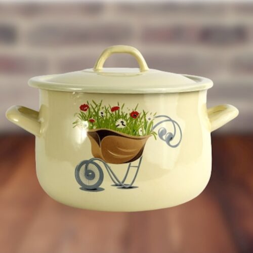 Oală emailată cu capac 24 cm, alb-crem, model floral cu roată decorativă