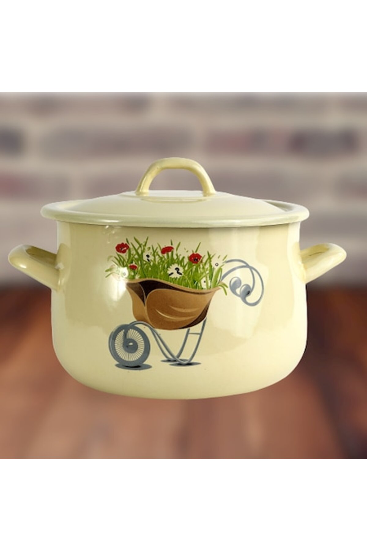 Oală emailată de 24 cm cu capac, alb-crem, model floral cu motiv decorativ de cărucior