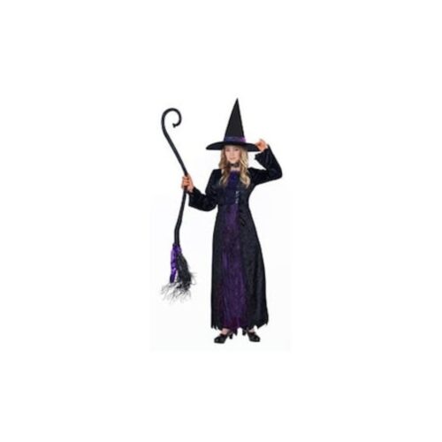 Costum de Halloween pentru fete - vrăjitoare cu rochie lungă neagră și pălărie, 10 ani (121-140 cm)
