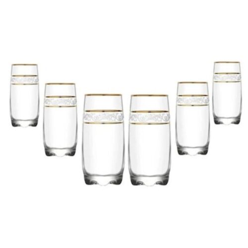 Pahare Adora Gold pentru Long Drink, Set de 6, 390 ml, Pahar elegant cu detalii aurii