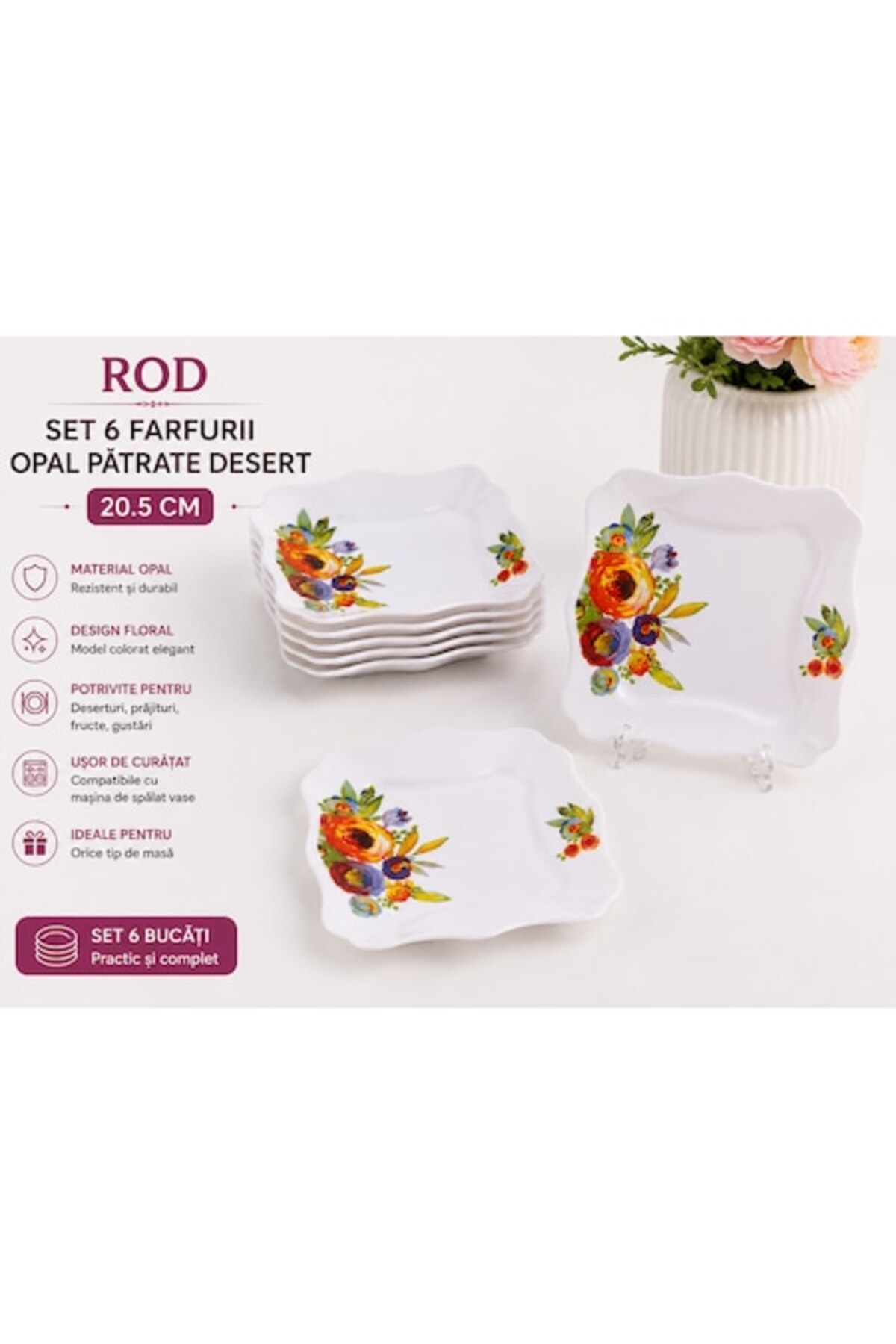Set de 6 farfurii pătrate pentru desert, opale, 20,5 cm – Eleganță modernă pentru servirea deserturilor