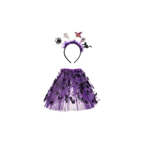 Set costum de Halloween pentru fete – fustă tutu mov cu lilieci și coroană cu pene și figurine