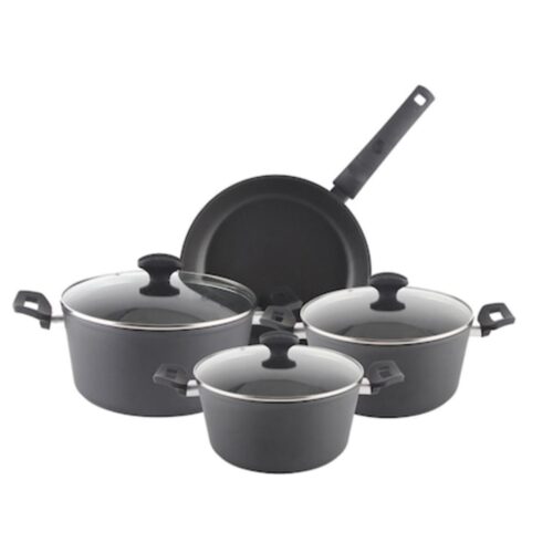 Set de vase din aluminiu, 7 piese ZLN-3277, interior antiaderent, mânere din ebonită, material rezistent la căldură