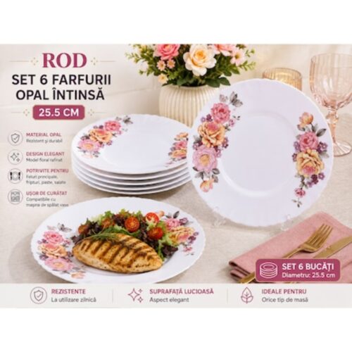 Set de 6 farfurii opal de masă de 25,5 cm – Eleganță florală pentru orice masă