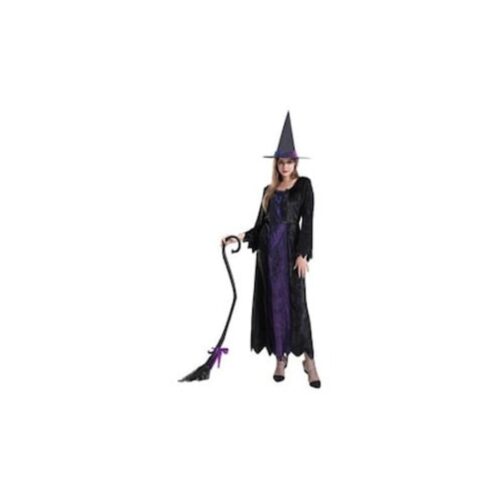 Costum de vrăjitoare neagră lungă de Halloween cu pălărie – Mărime universală