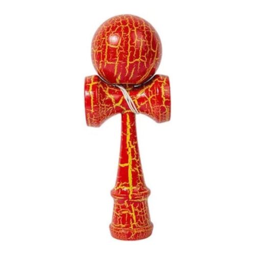 Jucărie japoneză din lemn cu bilă roșie și galbenă trosnită