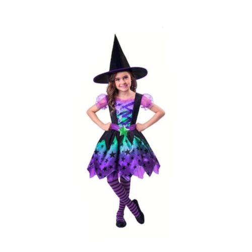 Costum de vrăjitoare cu pălărie, pentru fete, multicolor, 7 - 8 ani
