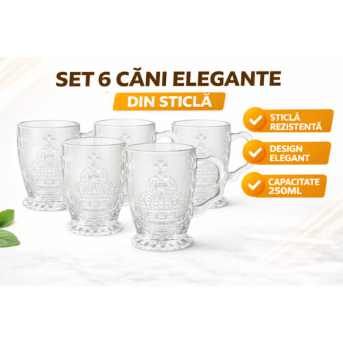 Set 6 Căni Sticlă TAJ 250ML – Pahare Cafea Elegante cu Model Coroană, Rezistente, Design Premium