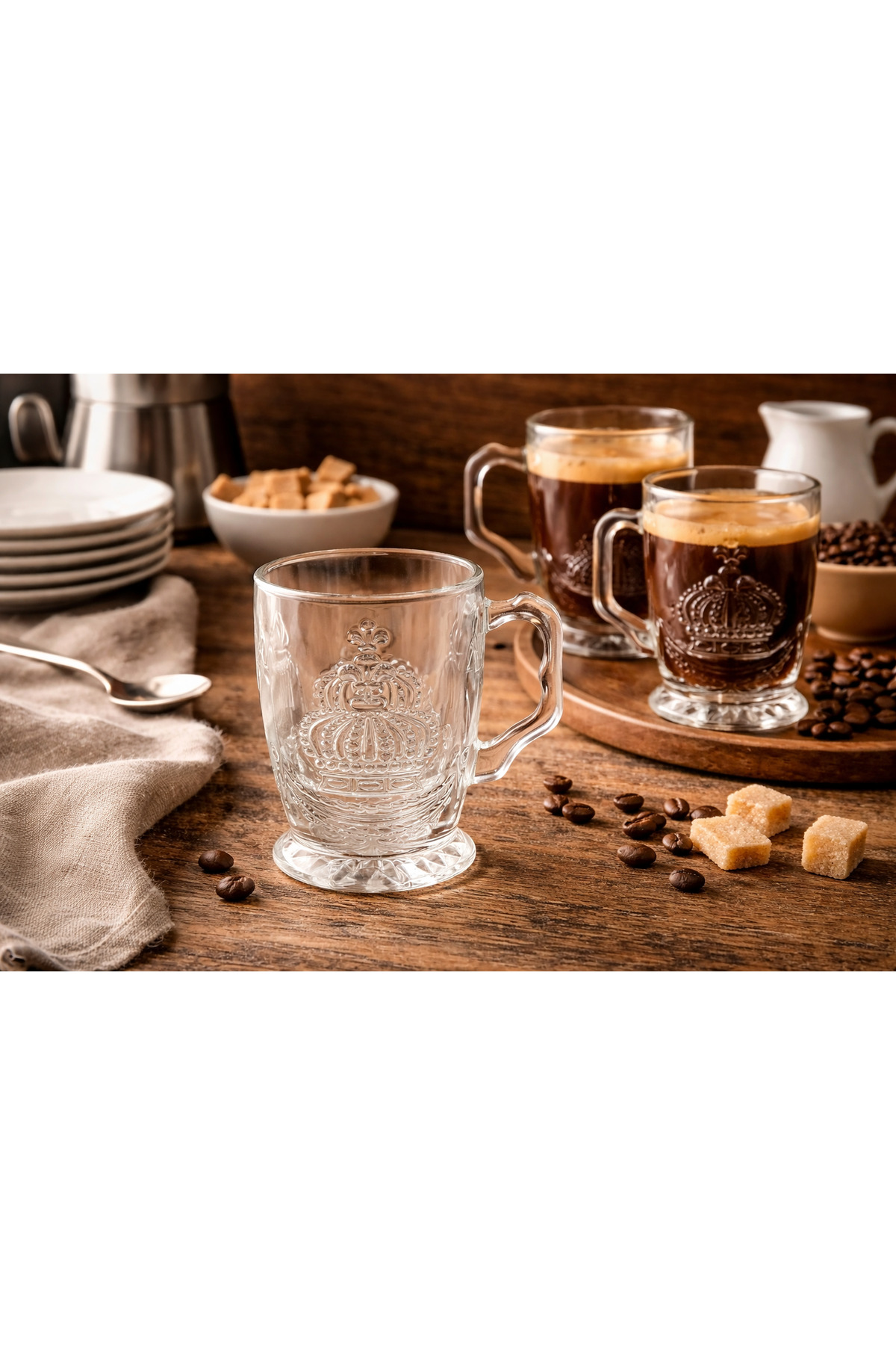 Set 6 Căni Sticlă TAJ 250ML – Pahare Cafea Elegante cu Model Coroană, Rezistente, Design Premium - imagine 3