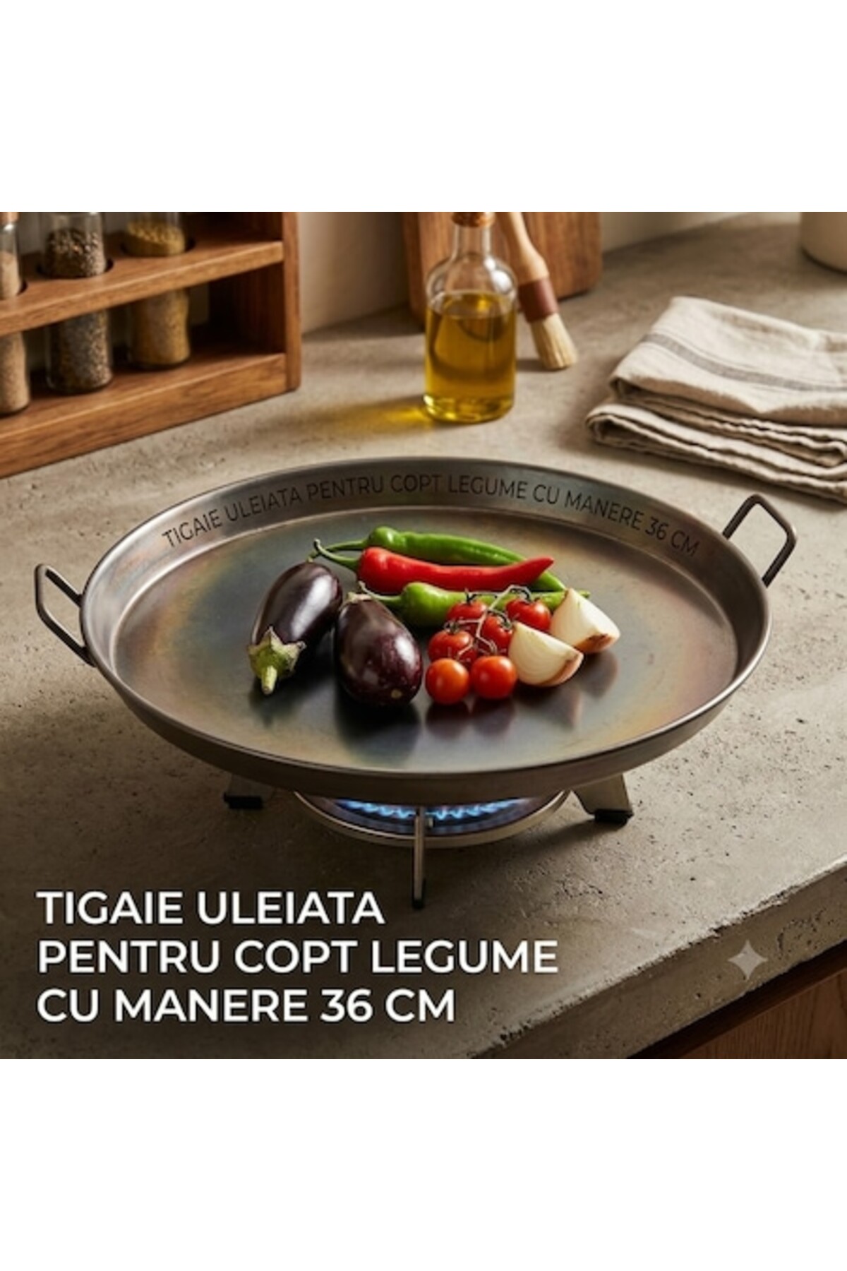 Tigaie unsă cu ulei pentru coacerea legumelor, cu mânere, 36 cm