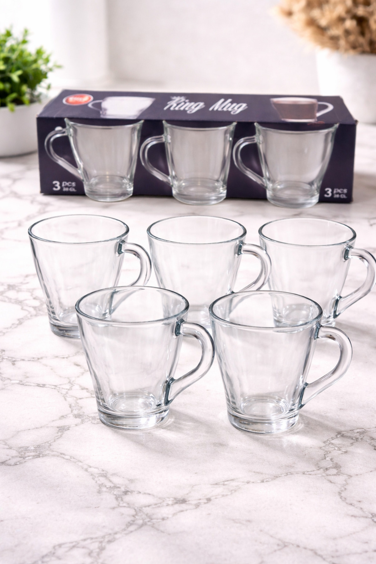 Set 6 Căni Sticlă 280 ml King Transparent, Căni Cafea/Ceai cu Mâner, Sticlă Groasă - imagine 2