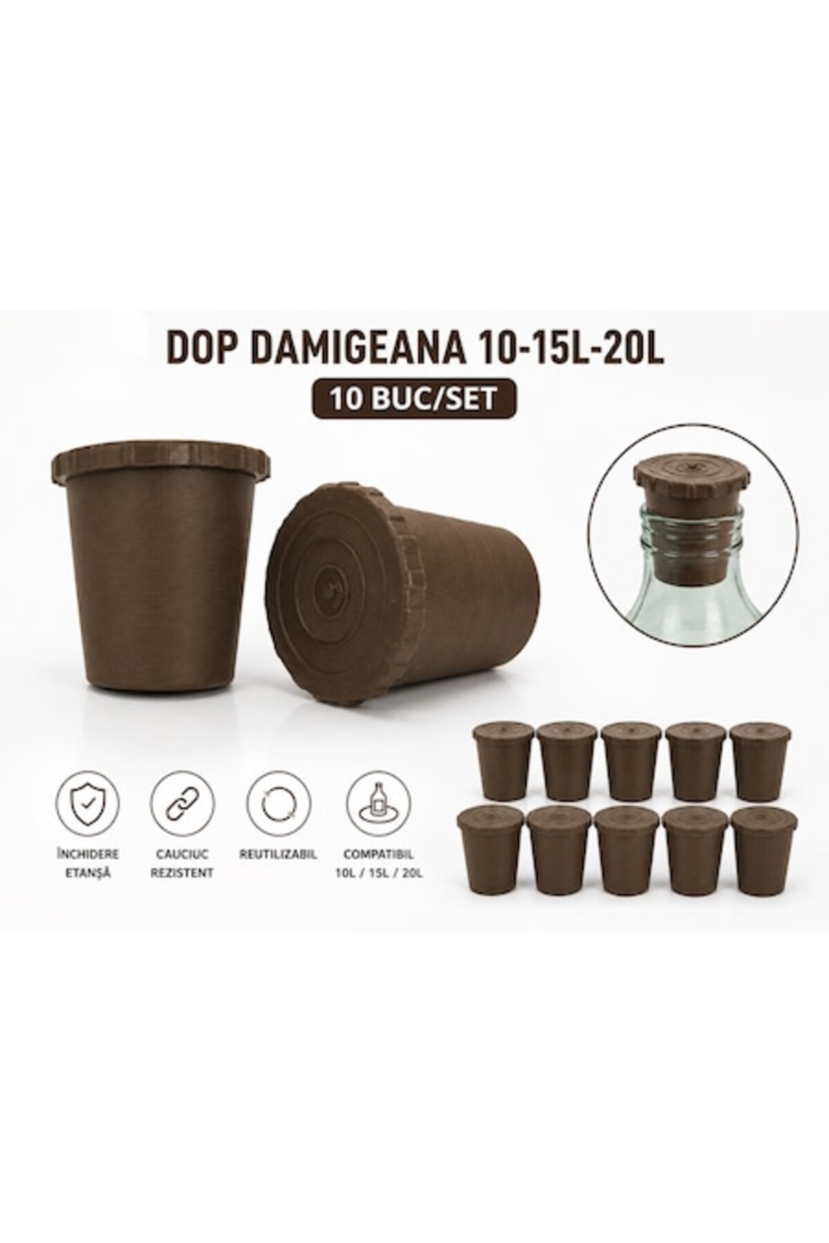 Dop pentru demijon 10 L / 15 L / 20 L – Set de 10 bucăți, din cauciuc rezistent