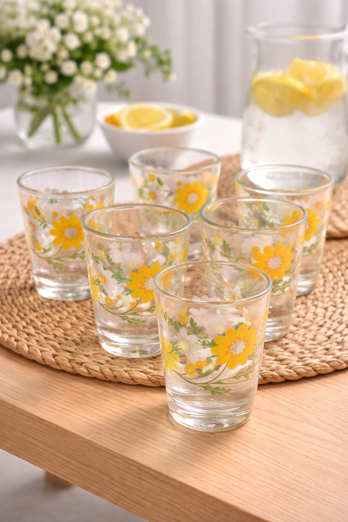 Set pahare sticlă AH 8T (22) – 200 ml, model floral galben, 6 buc