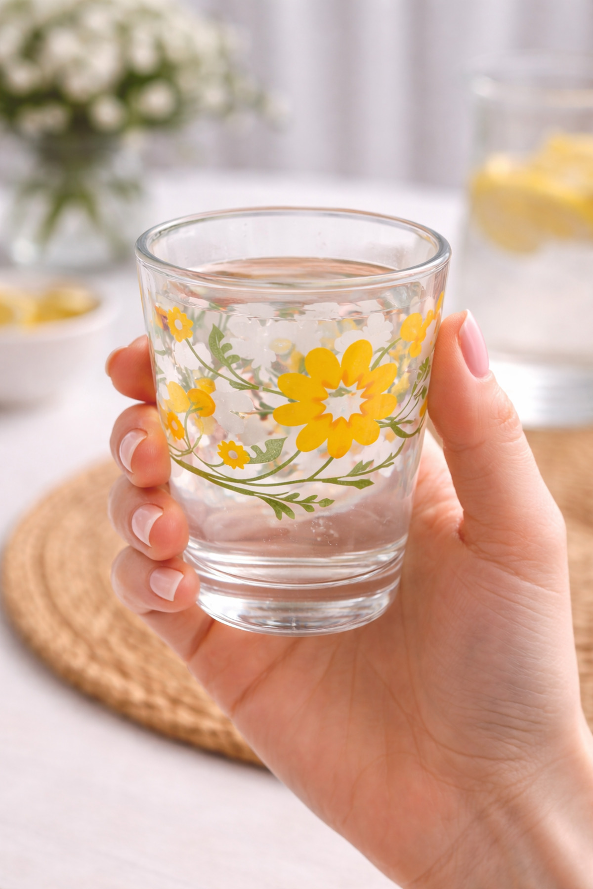 Set pahare sticlă AH 8T (22) – 200 ml, model floral galben, 6 buc - imagine 2