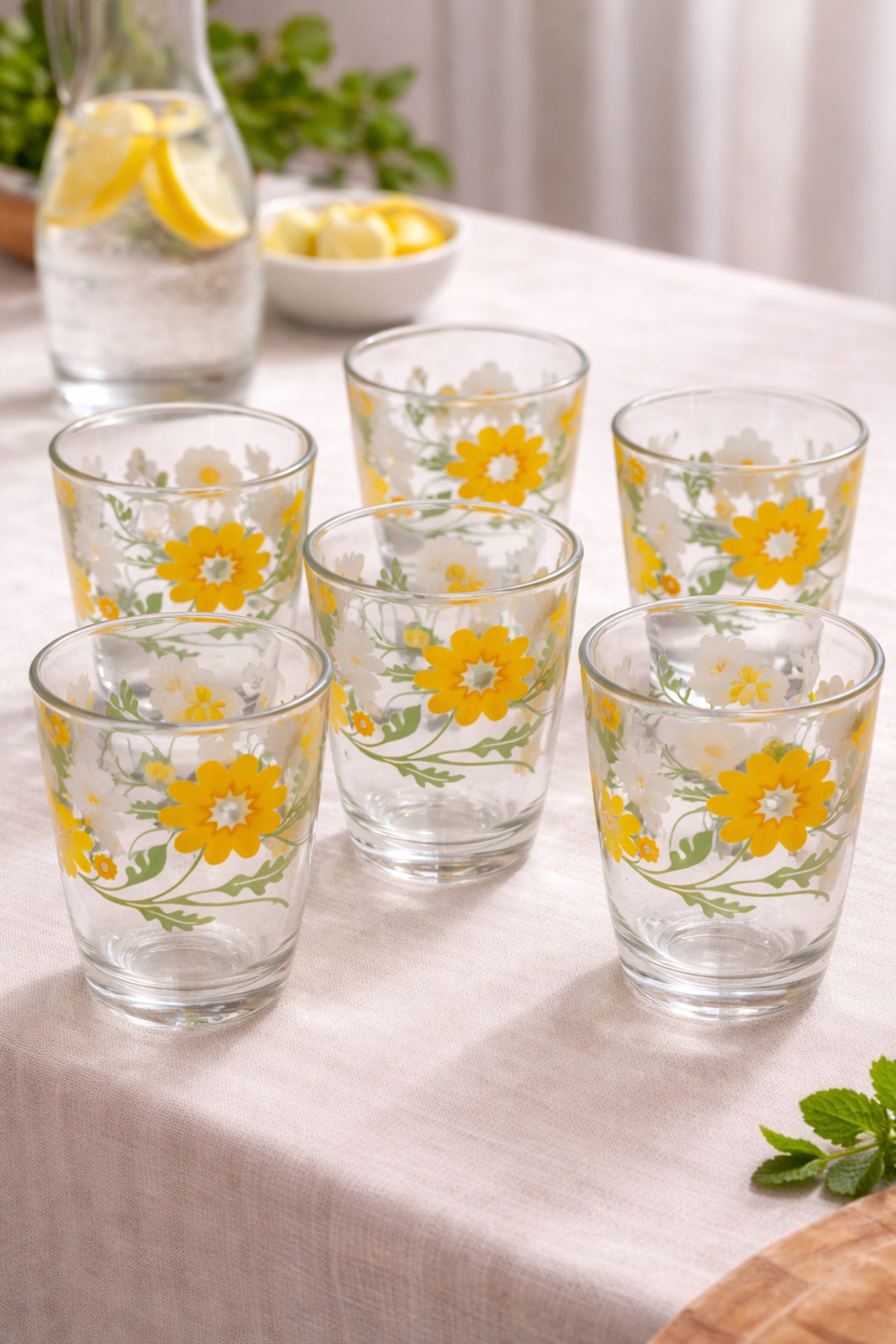 Set pahare sticlă AH 8T (22) – 200 ml, model floral galben, 6 buc - imagine 3