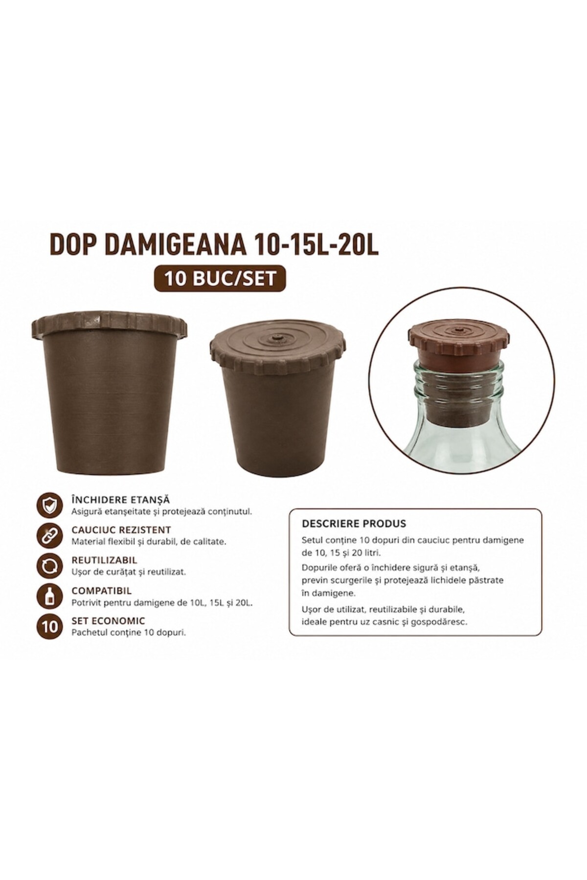 Dop pentru demijon 10 L / 15 L / 20 L – Set de 10 bucăți, din cauciuc rezistent - imagine 2