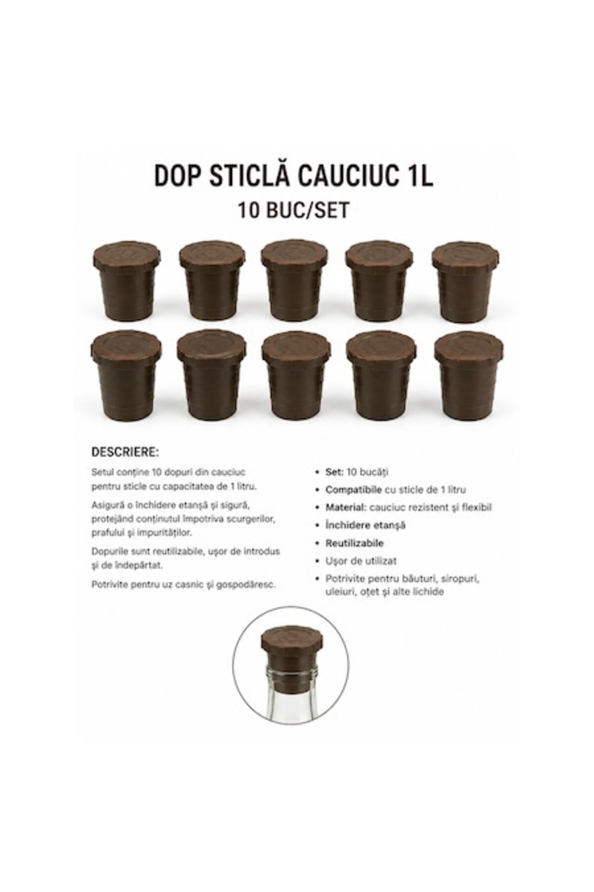 Dop de cauciuc pentru sticlă de 1 L – Set de 10 bucăți