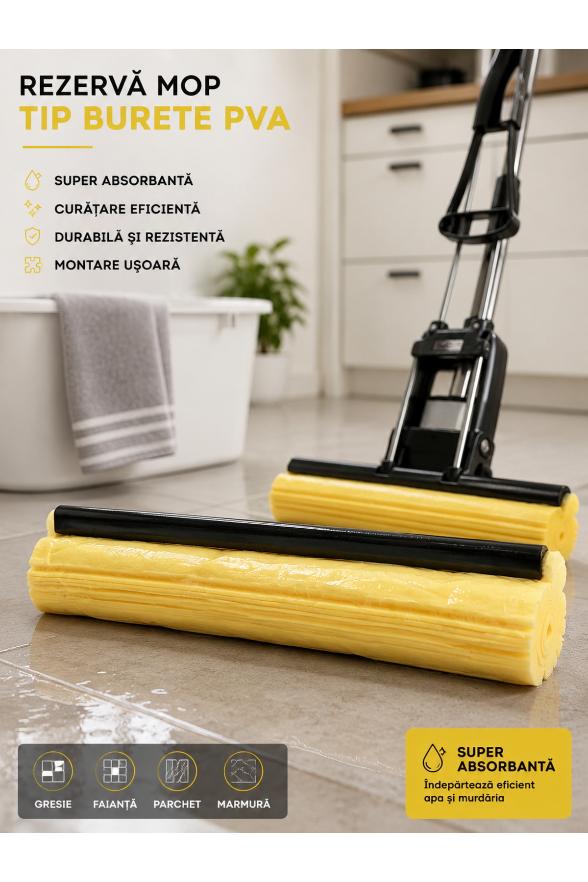Rezervă Mop Tip Burete PVA – Super Absorbantă, pentru Curățare Rapidă și Eficientă - imagine 2