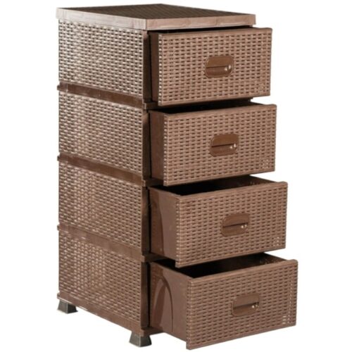 DULAP PENTRU DEPOZITARE DIN PLASTIC CU 4 SERTARE, MODEL TIP RATAN, 38 × 45 × 90 CM, MARO