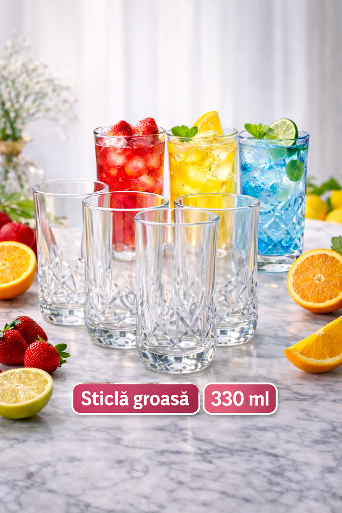 Set 6 Pahare River 330 ml – Sticlă Groasă, Design Elegant Relief