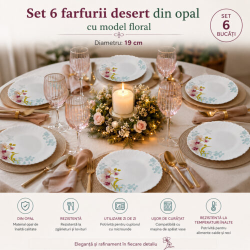 Set 6 Farfurii Desert din Opal, Model Floral Orhidee, 19 cm, Rezistente la Zgârieturi, Compatibile Mașină de Spălat Vase și Cuptor cu Microunde