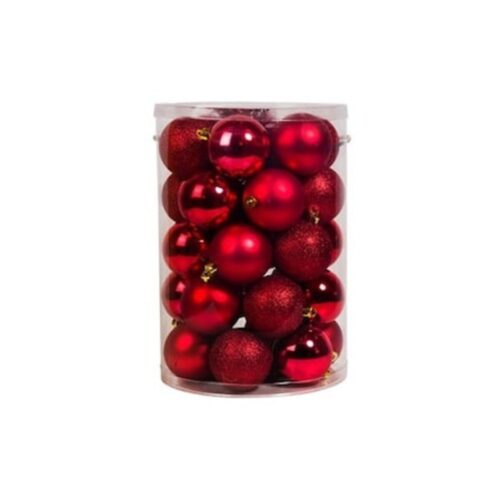 Set de 30 globuri roșii de Crăciun, mate/strălucitoare/cu sclipici, Ø7 cm cu șnururi aurii