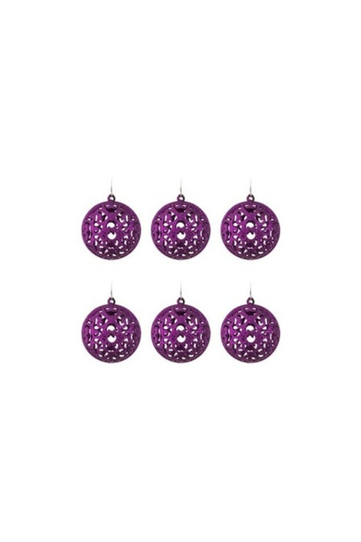 Set globuri de Crăciun mov cu model perforat și sclipici Ø6 cm – 6 buc