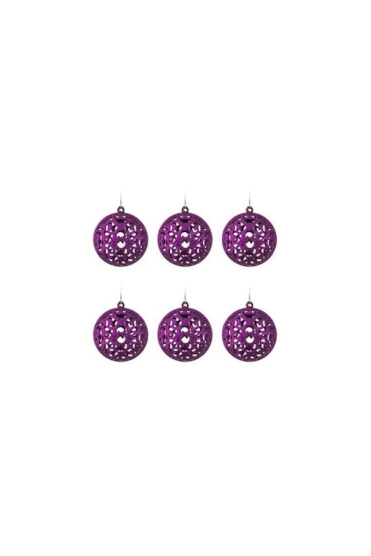 Set globuri de Crăciun mov cu model perforat și sclipici Ø6 cm – 6 buc - imagine 2