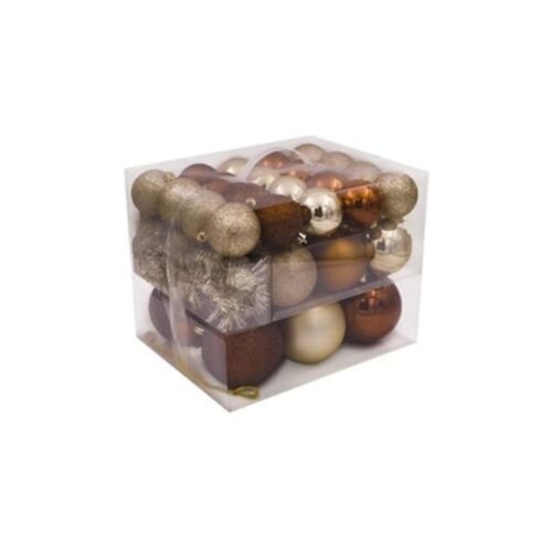 Set de 52 globuri de Crăciun bej, șampanie și bronz 4-6-8-10 cm cu beteală