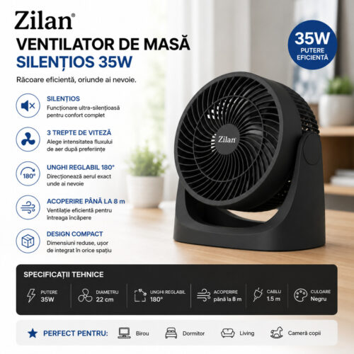 Ventilator de masă 35W, 3 Trepte de Viteză, Silențios, Unghi Reglabil 180°, Diametru 22 cm, Acoperire până la 8 m, Design Compact, Negru