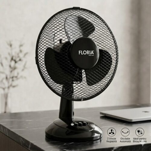 Ventilator de Birou Floria, Putere 25W, Diametru 26 cm, 2 Trepte de Viteză, Oscilație, Înclinare Reglabilă, Funcție Timer, Design Compact